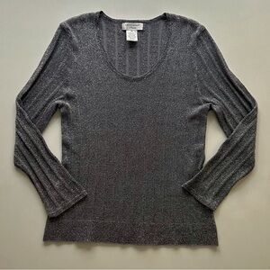 Laura Ashley Gray Metallic Knit Scoop Neck Top Long Sleeve Size MP